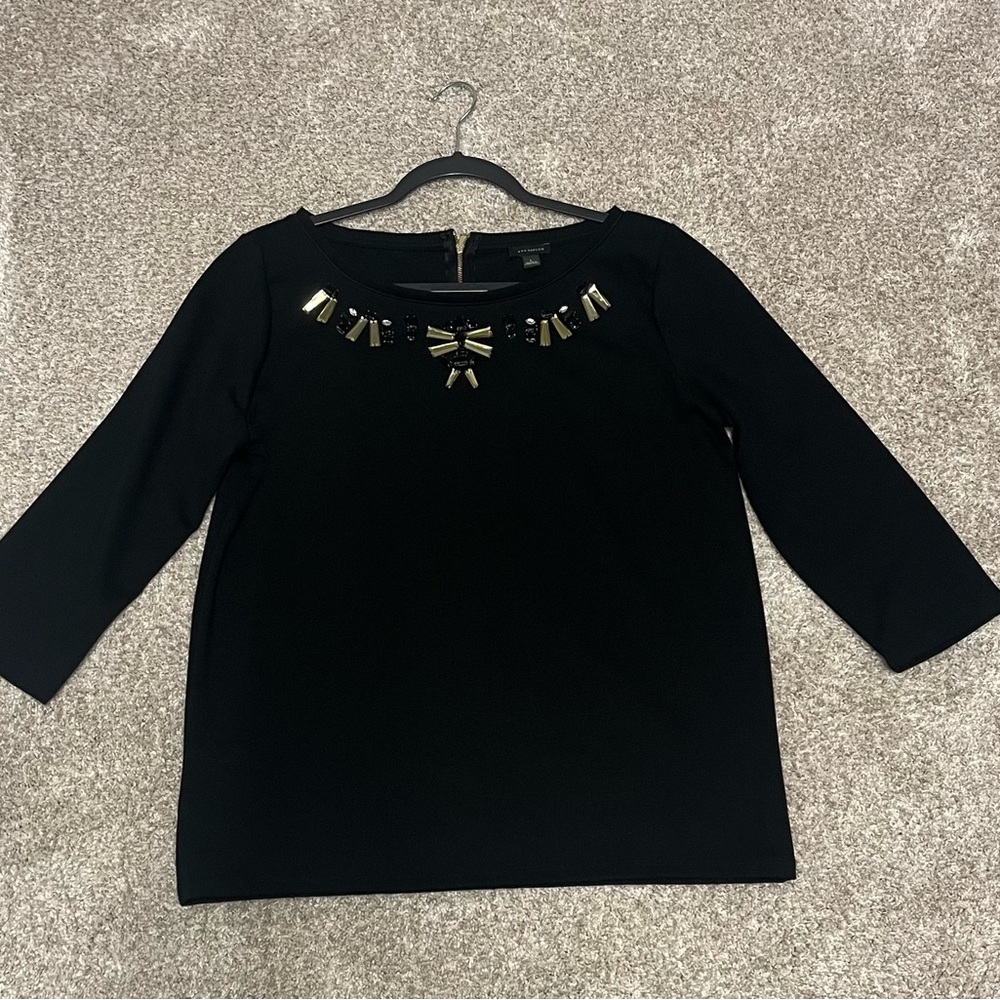 ANN TAYLOR Women's Black Beaded Zipper Back Boatneck Top Size Large